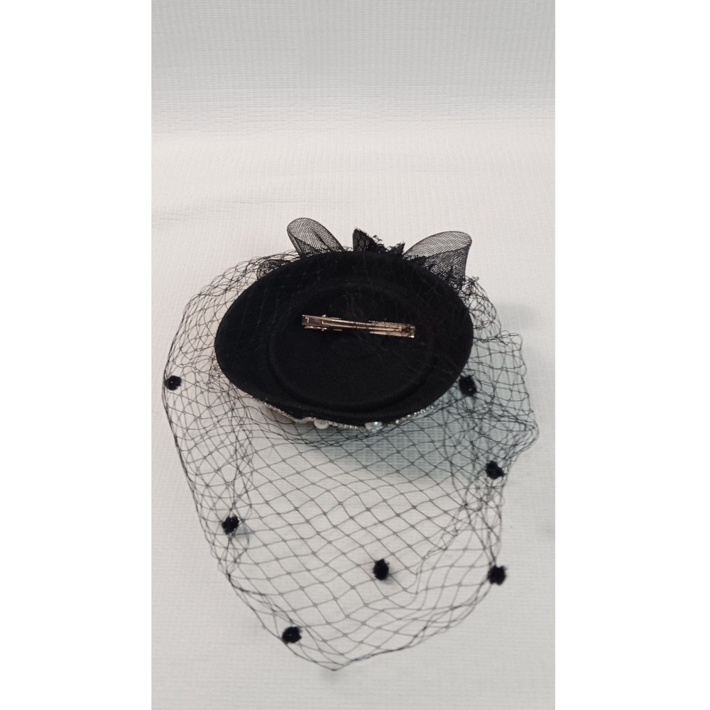Vintage Style Black Fascinator Hat Birdcage Veil Rhinestone Faux Pearl Bow Clip - Picture 4 of 10